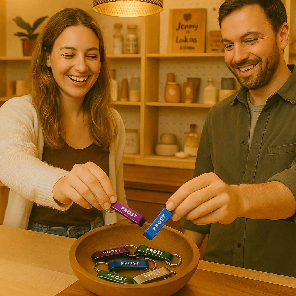 Kunden greift freudig zum Produkt (echte Nutzungsszene)