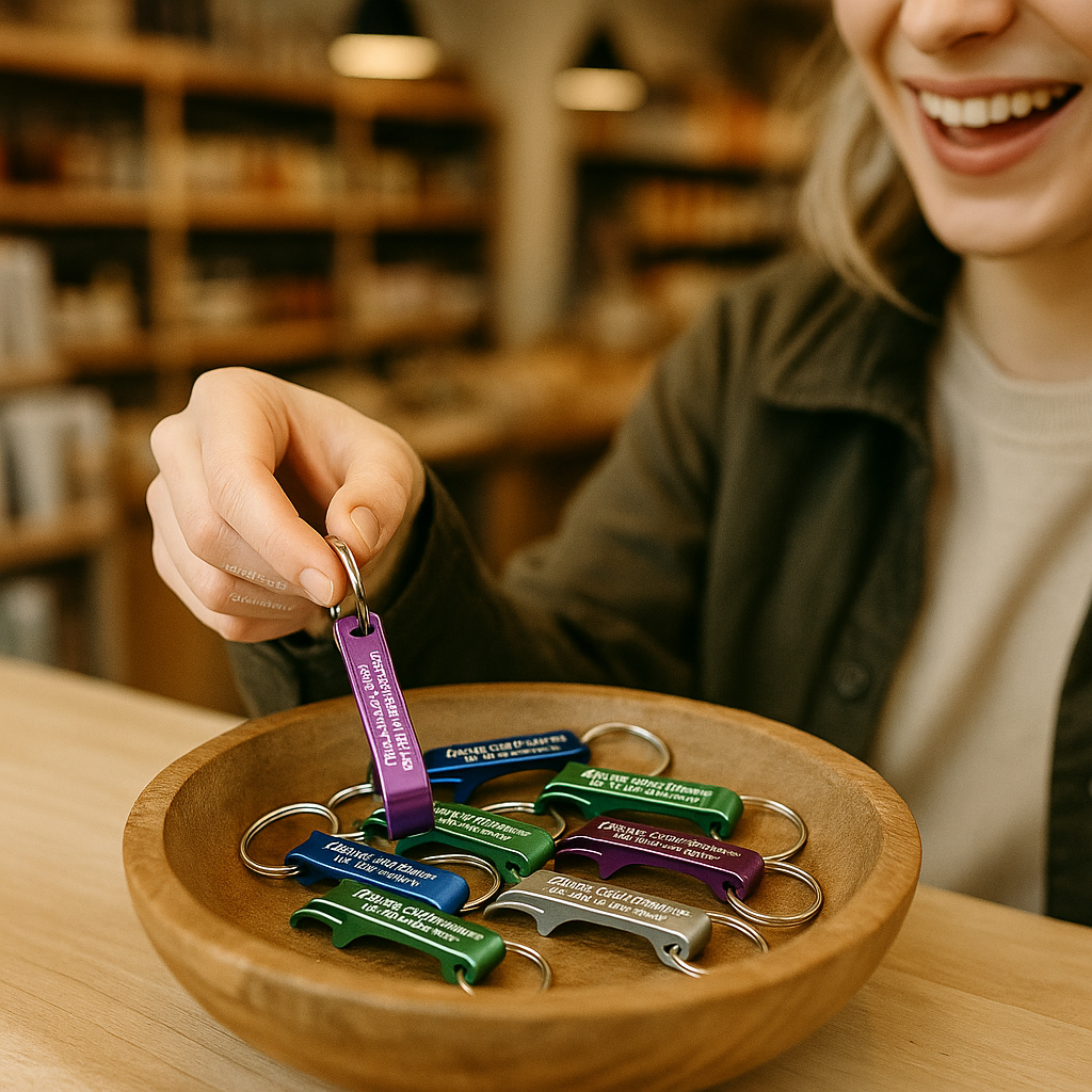 Kundin greift zum Werbegeschenk und freut sich