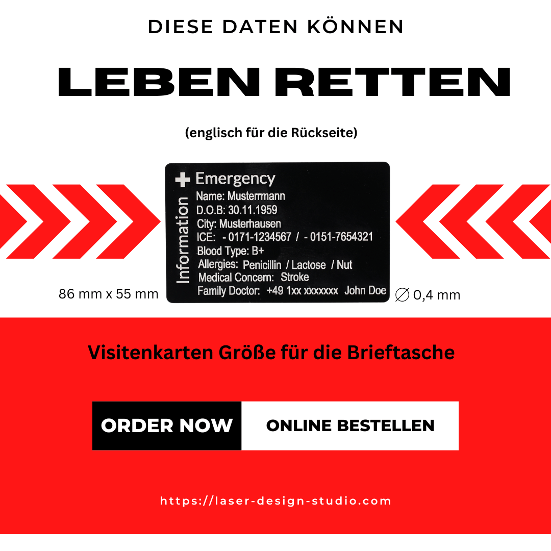 Die SOS Visitenkarte, Notfallkarte für den Geldbeutel - mit Lasergravur -