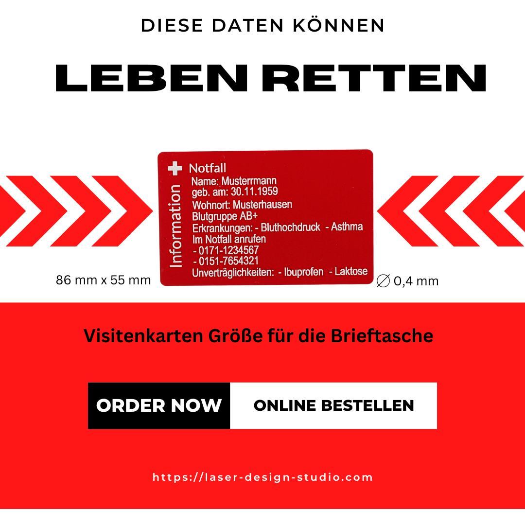 Die SOS Visitenkarte, Notfallkarte für den Geldbeutel - mit Lasergravur -
