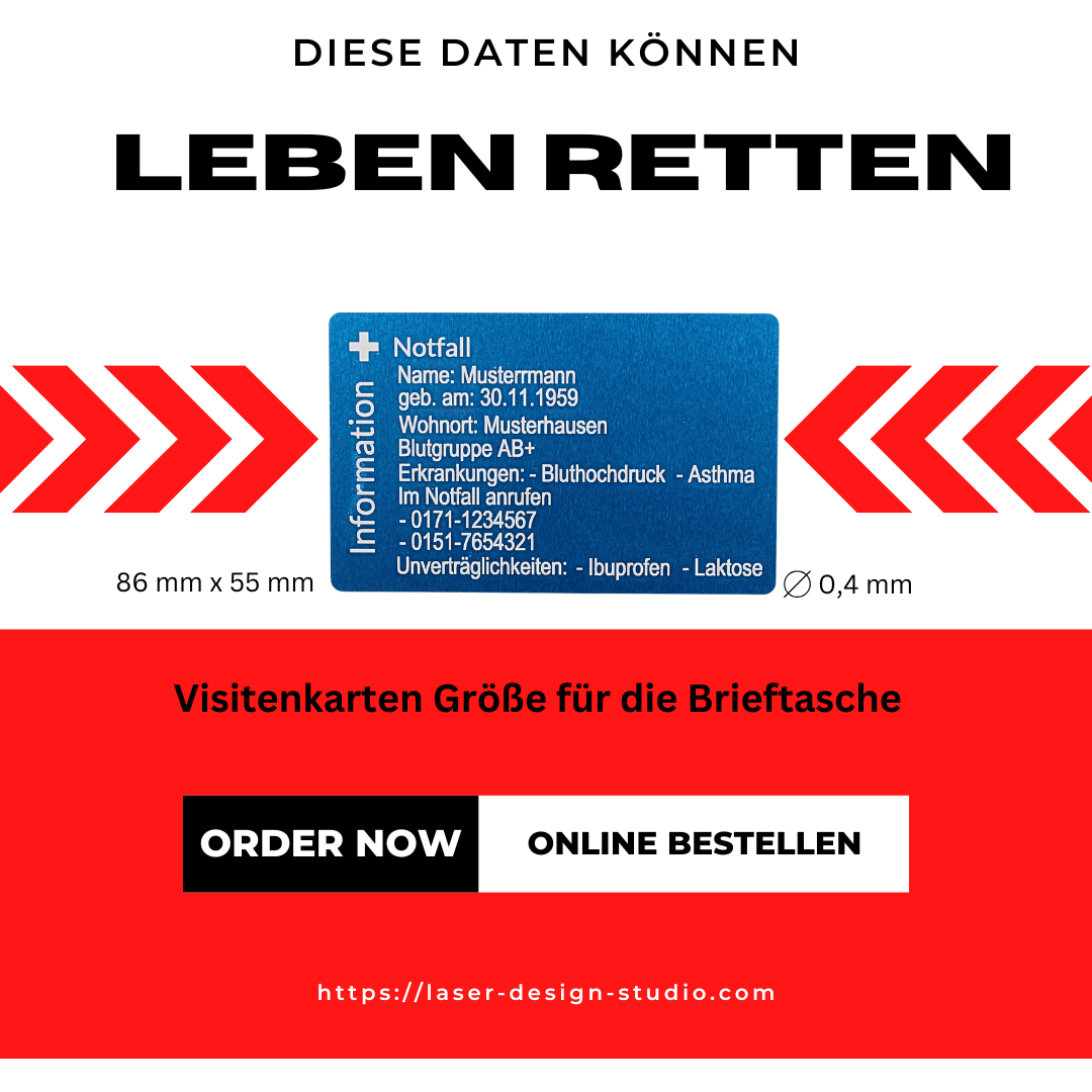 Die SOS Visitenkarte, Notfallkarte für den Geldbeutel - mit Lasergravur -