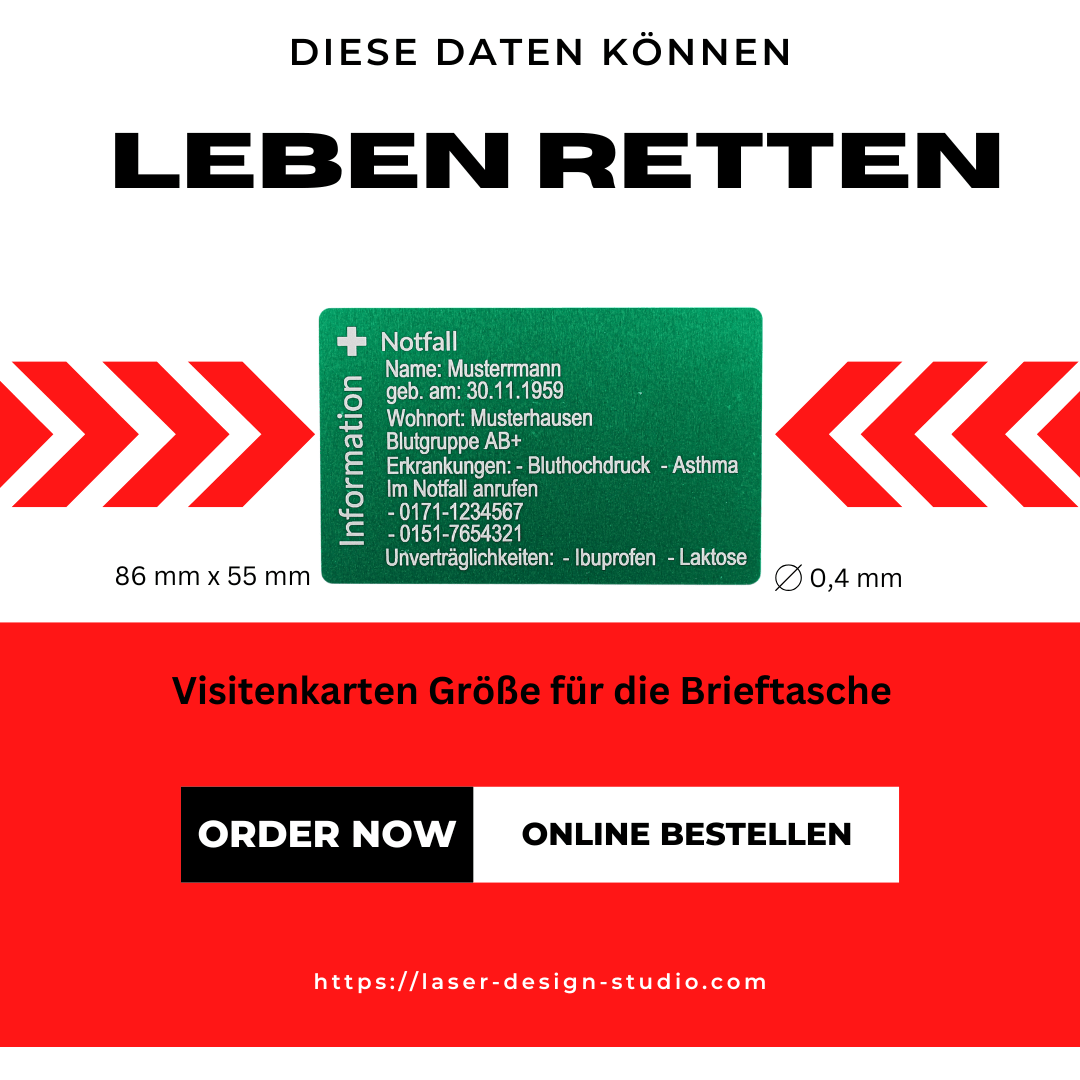Die SOS Visitenkarte, Notfallkarte für den Geldbeutel - mit Lasergravur -