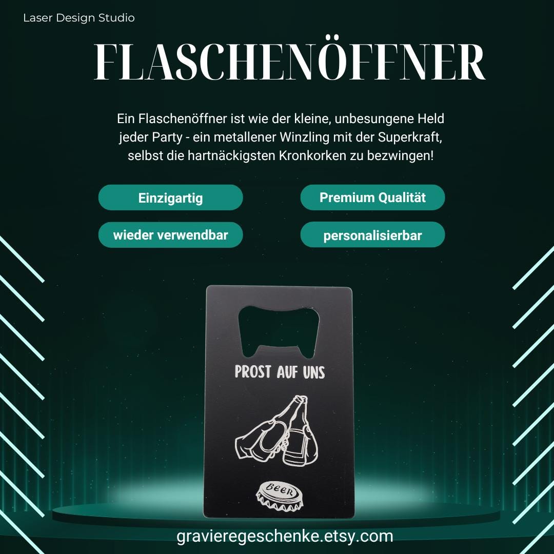 Edelstahl Flaschenöffner – Seitenansicht mit mattem Finish und Gravur