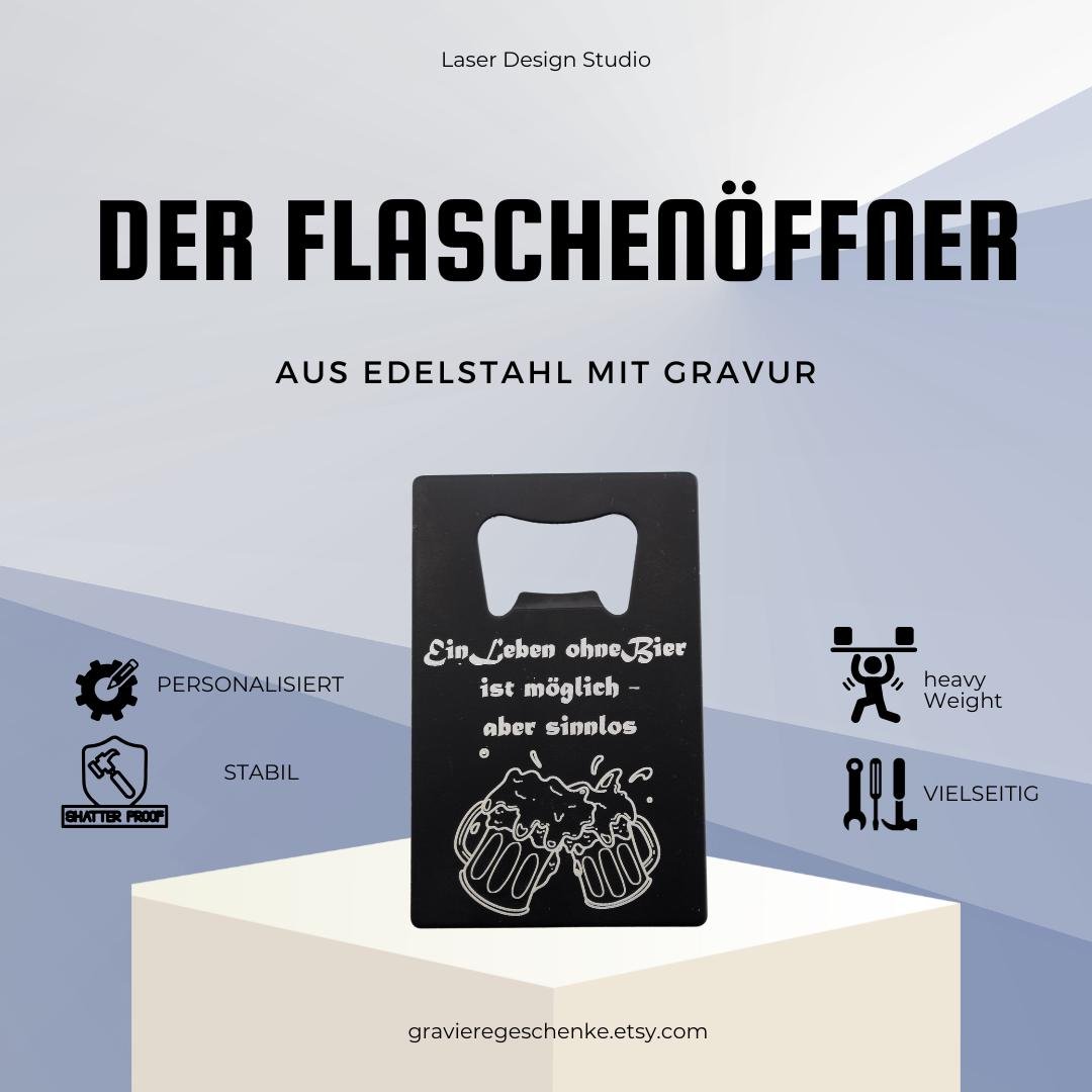 gravierter Flaschenöffner aus Edelstahl, schwarz matt, mit Wunschname oder Grafik