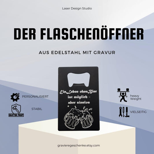 gravierter Flaschenöffner aus Edelstahl, schwarz matt, mit Wunschname oder Grafik