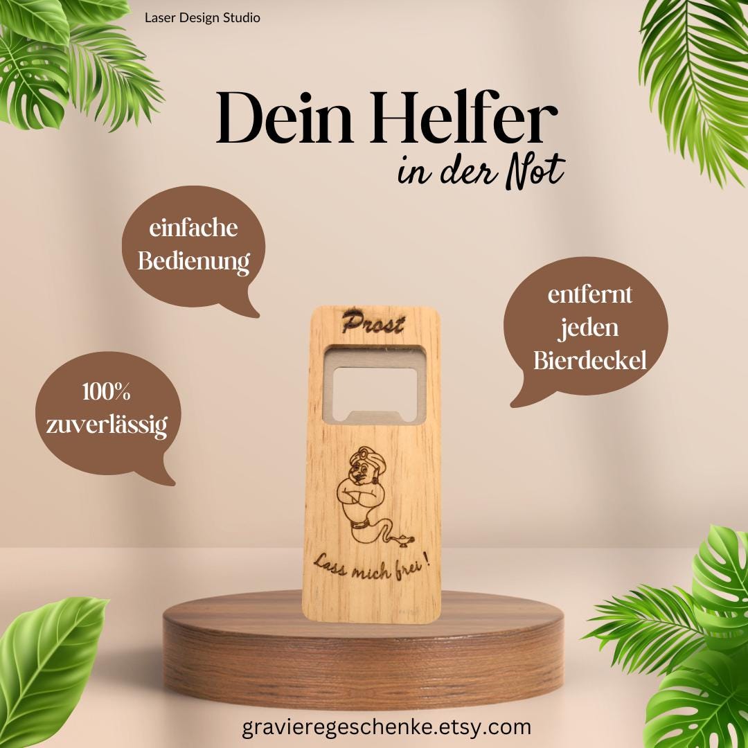 Personalisierter Holz Flaschenöffner mit Grafik und Text