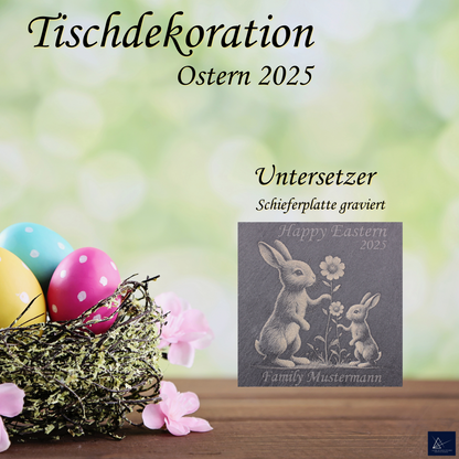 Oster Tischdekoration mit einer gravierten Schieferplatte01