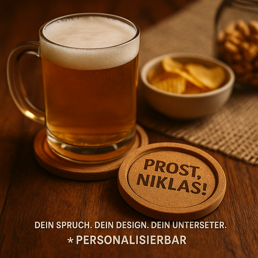 Personalisierter Korkuntersetzer mit Gravur auf Holztisch, Getränkeglas daneben, Gravur „PROST, NIKLAS“ sichtbar