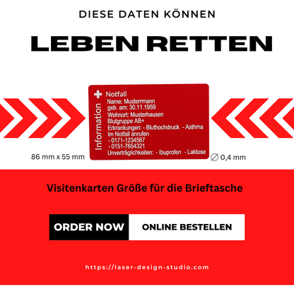 Die SOS Visitenkarte, Notfallkarte für den Geldbeutel - mit Lasergravur - 